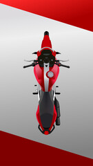 Motorbike top view. Motorcycle up scene. Motor bike flyer. Cycle parked garage aerial scenario. Vector illustration. 