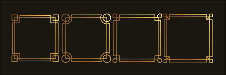 Set of luxury geometric gold frame vector. Gradient gold art deco, antique, vintage style, geometric line shape on black background. Elegant design illustration for card, decoration, poster, banner.