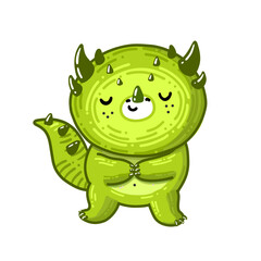 Shy cute dragon is perfect green character. Vector dinosaur in cartoon style