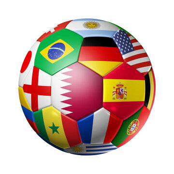 Qatar 2022. Football soccer ball with team national flags. 3D illustration isolated on white background