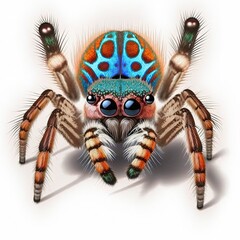 Maratus volans, a member of the Salticidae family and the Maratus genus, is a peacock jumping spider isolated on a white background. Native to Australia and male has a colourful abdomen. 3D rendering