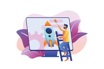 Startup violet gradient concept with people scene in the flat cartoon style. Man is preparing his first project for launch on the Internet. vector illustration.