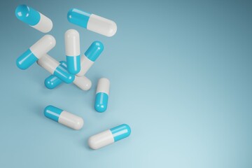 soft blue and white medicine capsules falling on white background, 3D rendering