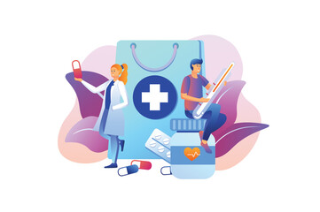Violet gradient concept Pharmacy with people scene in the flat cartoon design. Man examines the medicine he bought at the pharmacy. Vector illustration.