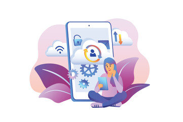Cloud storage violet gradient concept with people scene in the flat cartoon style. Girl looks at her cloud storage settings on her phone. Vector illustration.