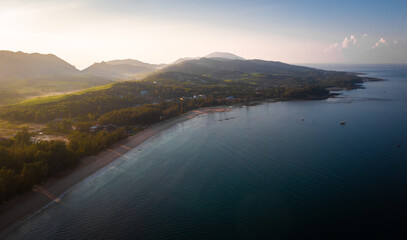 Aerial view of Long Beach at sunset, in Koh Lanta, Krabi, Thailand