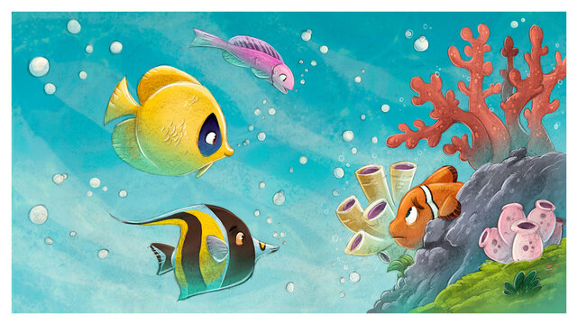 Illustration of tropical fish talking to shy clownfish