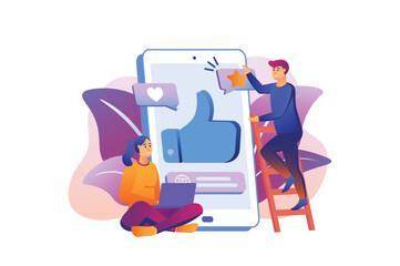 Reviews violet gradient concept with people scene in the flat cartoon style. Girl and boy review feedback for their work. Vector illustration.