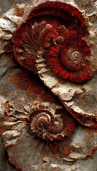 Abstract rock formations with detailed sandstone surface embedded ammonite fossil texture spiral patterns - macro closeup background resource.	
