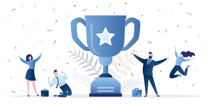 Group of employees jump and celebrate near winner cup. Trophy, award ceremony. Recognition or proud workers of the month business. Winners of business competition. Happy managers, cooperation.