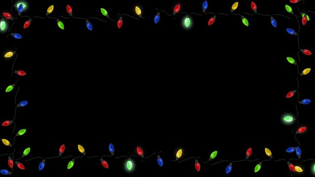 This stock motion graphics video shows a holiday-themed frame made up of colorful Christmas lights.