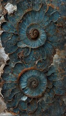Abstract rock formations with detailed sandstone surface embedded ammonite fossil texture spiral patterns - macro closeup background resource.	
