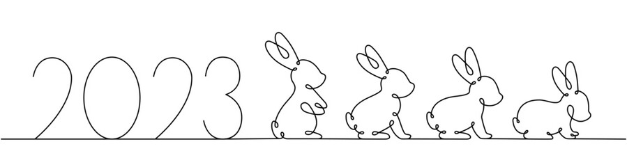 2023 Rabbit one line drawing. Year of the Rabbit. Hare continuous one line illustration. 2023 Happy New Year. Vector illustration.