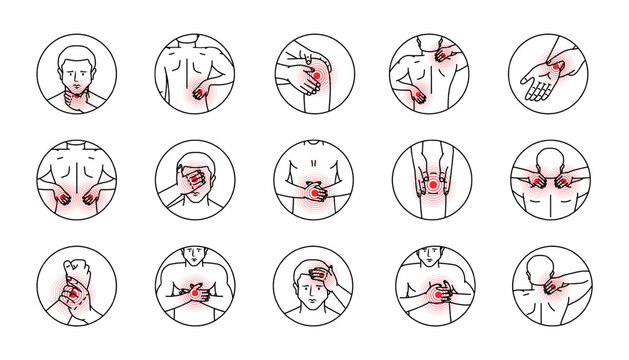 Human body pains in circle set. Arthritis and rheumatism, joint pain illustration. Ache in head, neck, shoulder, knee, chest, wrist, back, elbow.