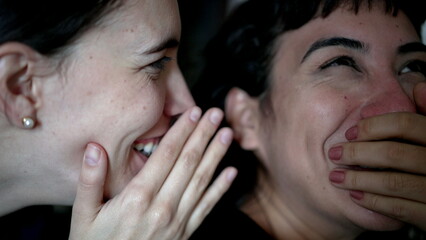 Women sharing rumor whispering SECRET to friend ear. Person reaction with SHOCK and UNBELIEF to NEWS 2