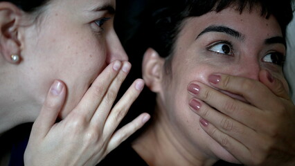 Women sharing rumor whispering SECRET to friend ear. Person reaction with SHOCK and UNBELIEF to NEWS 2