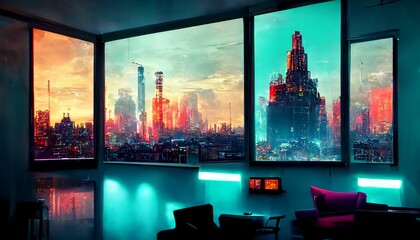 Cyberpunk metropolis view from inside with skyscrapers