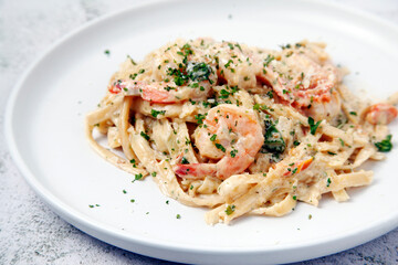 Freshly cooked seafood carbonara pasta