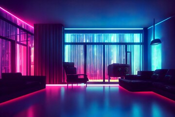 Cyberpunk futuristic distopyan living room interior with neon lights