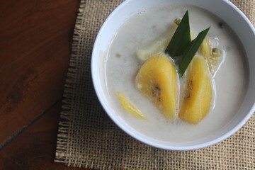 Kolak is a typical Indonesian dessert made from palm sugar or coconut sugar, coconut milk and pandan leaves.  Kolak has a savory and sweet taste and a soft texture.
