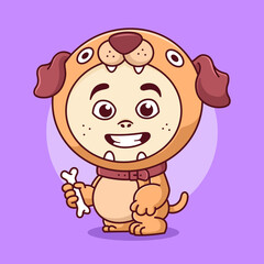 cute kid wearing a dog costume and carrying a bone