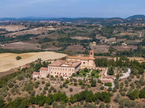 Aerial view of the monastery of Sant'Anna in Camprena where the film The English Patient takes place
