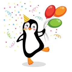 Penguin on white background birthday style, with balloons, confetti, cap on head