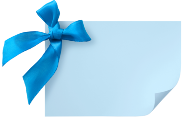 Realistic light blue gift tag or congratulations card with silk ribbon bow, isolated
