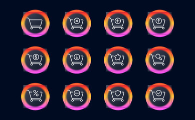 Shopping cart set icon. Check mark, cross, plus, minus, add, delete, discount, important, percentage, discount, product search, time, download, etc. Order concept. Glassmorphism style