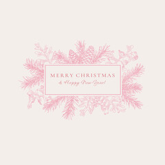 Holiday abstract botanical card with rectangle banner frame. Botanical vector illustration with fir and pine branches and cones. White background and pink greeting.