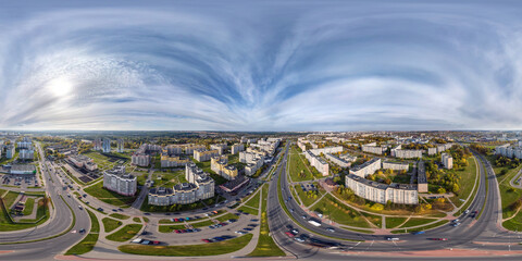 aerial full seamless spherical hdri 360 panorama view above road junction with traffic in...
