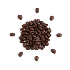 Roasted coffee beans in sun shape on white background