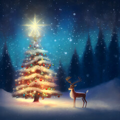 Christmas tree with decoration on festive winter landscape with cute reindeer, copy space, for Christmas holiday card, fairy tale style, digital art