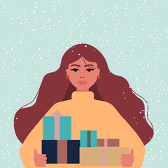 Vector image of a girl with long blue hair. He holds boxes of New Year's gifts in his hands. She is wearing a warm pink turtleneck sweater. The first snow is falling outside.