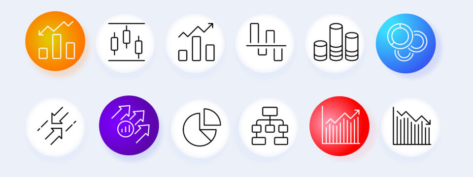 Infographic set icon. Pie charts, arrows, growth, income, analytics, layout, diagram, hierarchy, career, business, advertising. Data analysis concept. Neomorphism style