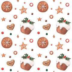 Watercolor seamless pattern with traditional christmas glazed muffins and ginger cookies. Food illustration for new year decor and packing, kitchen textile etc.