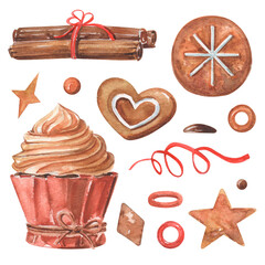 Watercolor set of food xmas illustrations. Ginger cookies, cupcake, chocolate, cinnamon. Сhristmas sweet desserts with stars and snowflakes.