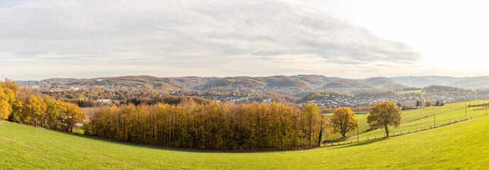 Panoramic shot of the surroundings of Iserlohn in the Ruhr region of North Rhine Westphalia. Landscape photo of old mountains in Europe