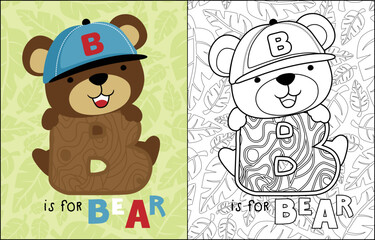 Nice bear cartoon hugging B letter on leaves seamless pattern background, coloring book or page