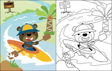 Vector cartoon of funny bear on canoe in river, coloring book or page
