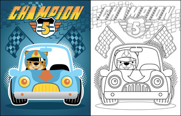 Vector cartoon of race car with tiger racer, coloring book or page