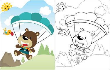 cartoon vector of cute bear skydiving, coloring book or page