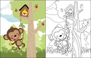 Obraz na płótnie Canvas vector cartoon of funny monkey and bird in the tree, coloring book or page