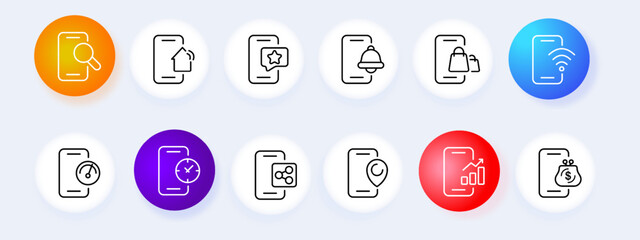 Phone button set icon. Magnifier, search, smart home, star, favorite, notification, connection, wifi, speedtest, clock, wallet, pointer, location. Smartphone concept. Neomorphism style