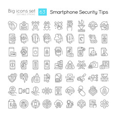 Fototapeta na wymiar Smartphone security tips linear icons set. Prevention from hacking attack. Security. Customizable thin line symbols. Isolated vector outline illustrations. Editable stroke. Quicksand-Light font used
