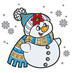 Cute cartoon Christmas snowman in a warm hat and scarf color variation for coloring page on white background