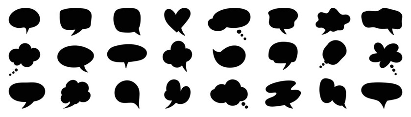 Set of black speech bubble vector on white background. Dialog, talk, speech, think, cloud, speech balloon vector in various organic shape. Design suitable for comic text, sticker, banner, chat icon. 