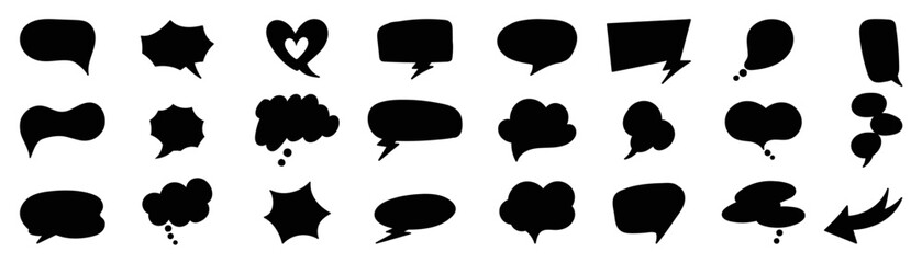 Set of black speech bubble vector on white background. Dialog, talk, speech, think, cloud, speech balloon vector in various organic shape. Design suitable for comic text, sticker, banner, chat icon. 
