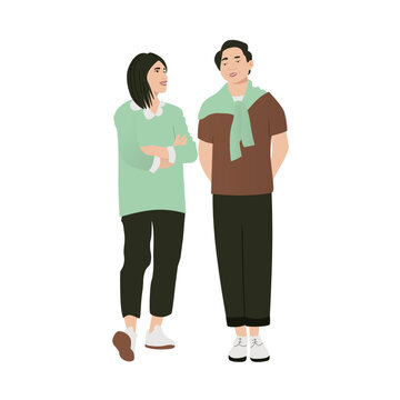 Fashion asian man and woman chating. Couple flirting flat vector illustration