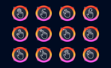 Scrolling set icon. Click, slide, zoom, zoom out, sensor, touchpad, loading, hourglass, swipe, tap, screen, control, press, keyboard. Sensory concept. Glassmorphism style. Vector line icon